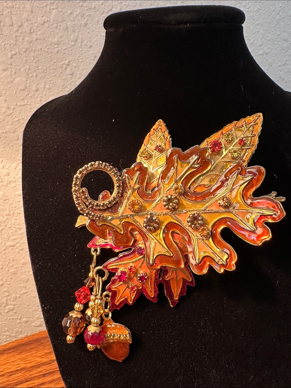 Gold and Amber Leaf Statement Brooch with Dangle Accents